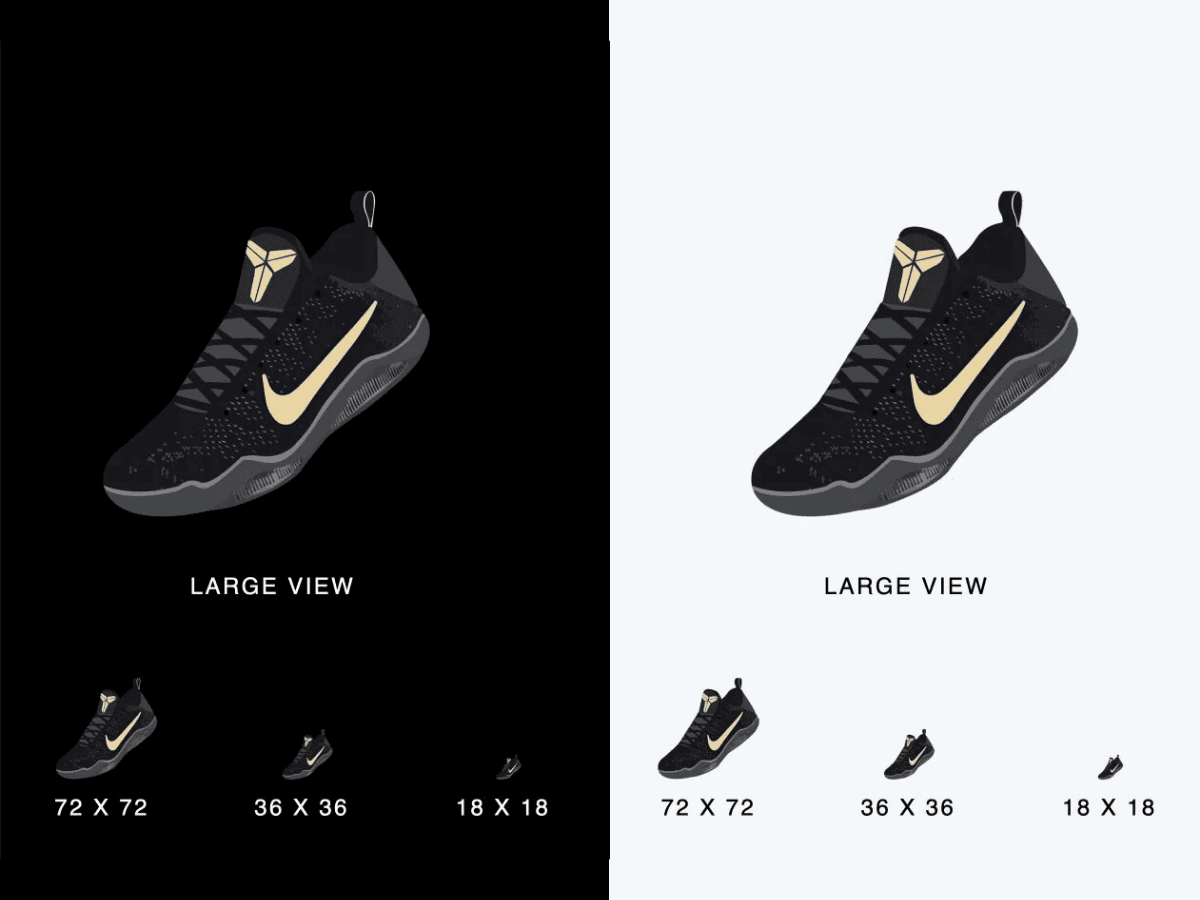 Kobe shoe emoji design — dark and light treatments at all required sizes