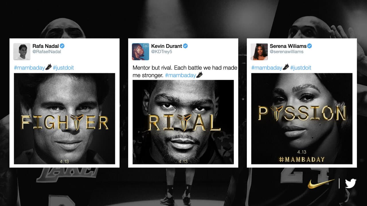 Rafa Nadal, Kevin Durant, and Serena Williams tweeting #MambaDay