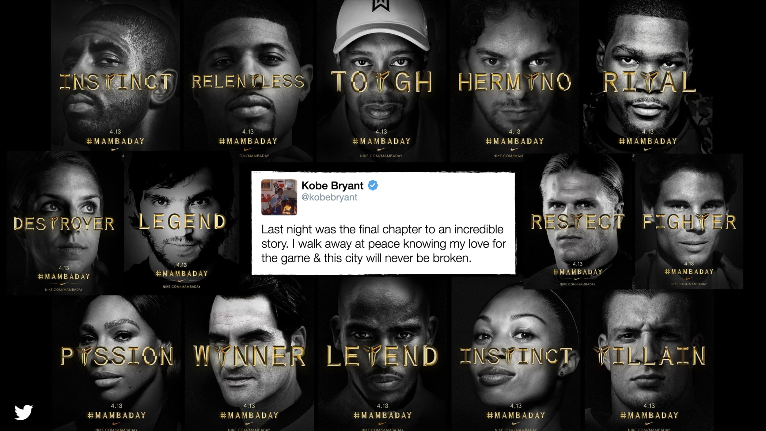 The tribute mosaic — athletes' custom #MambaDay cards alongside Kobe's final tweet